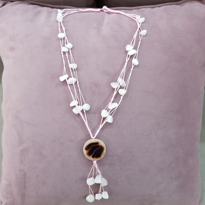 گردنبند سنگهای کوارتز شیری و عقیق شجر مصور دو رو