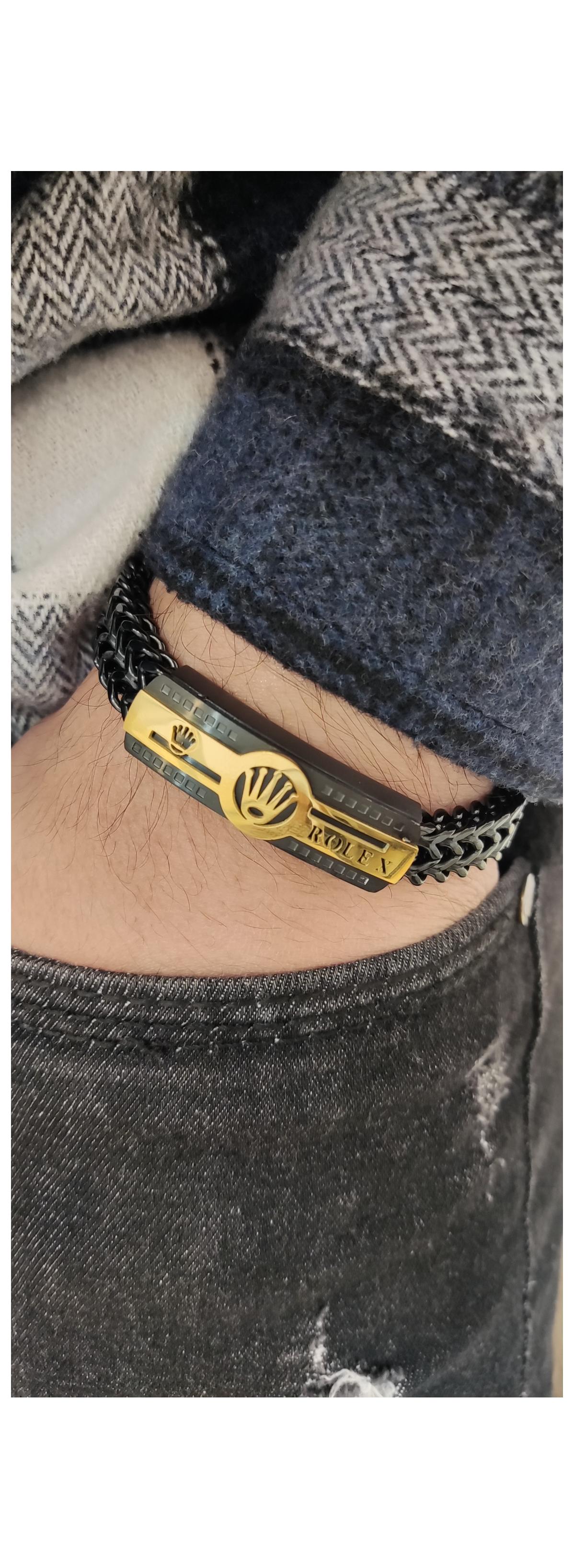 دستبند رولکس مشکی طلایی پلاک دار کد3