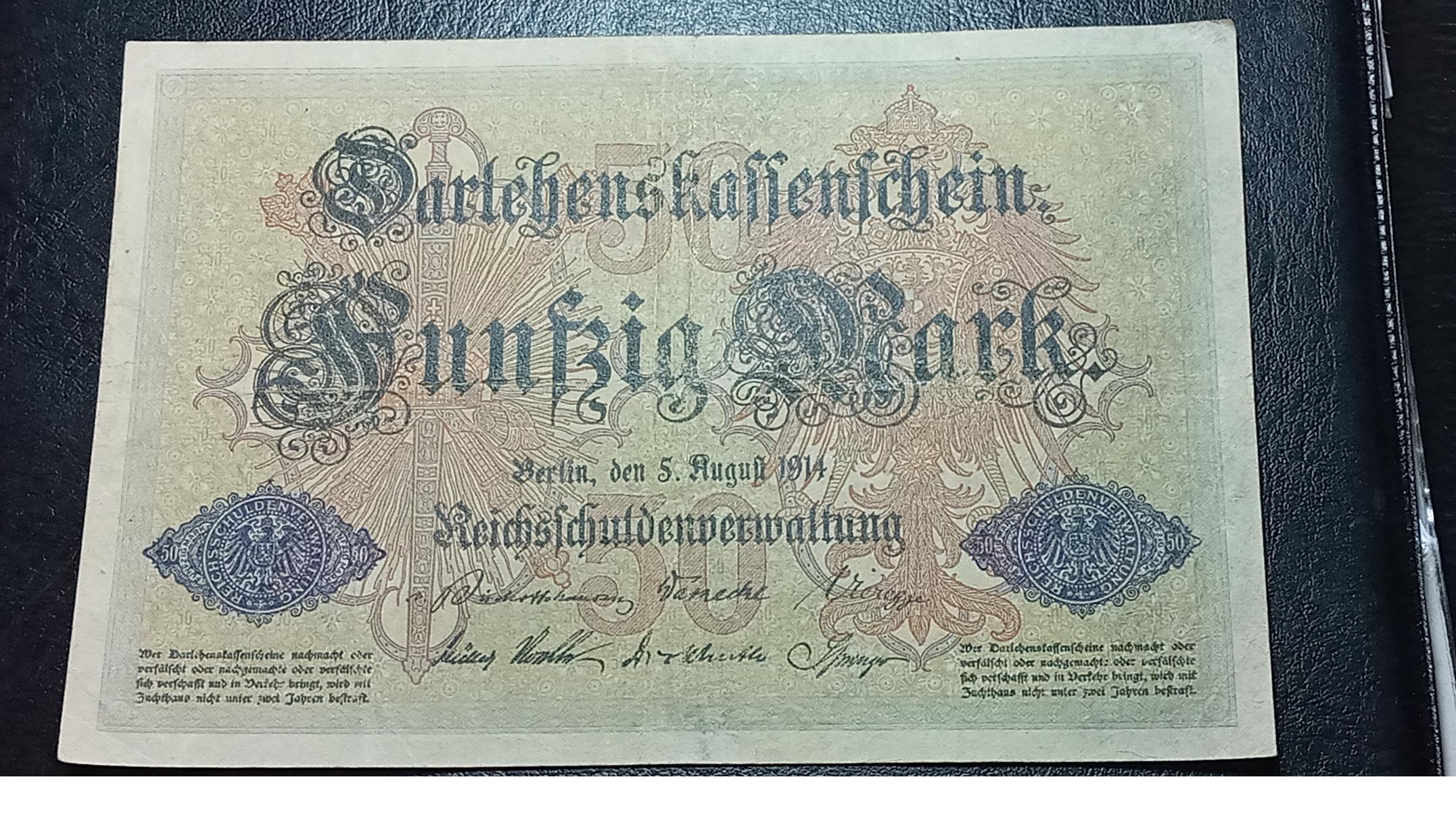 اسکناسر 50 مارک. المان. 1914قذیمی باارزش 110 ساله