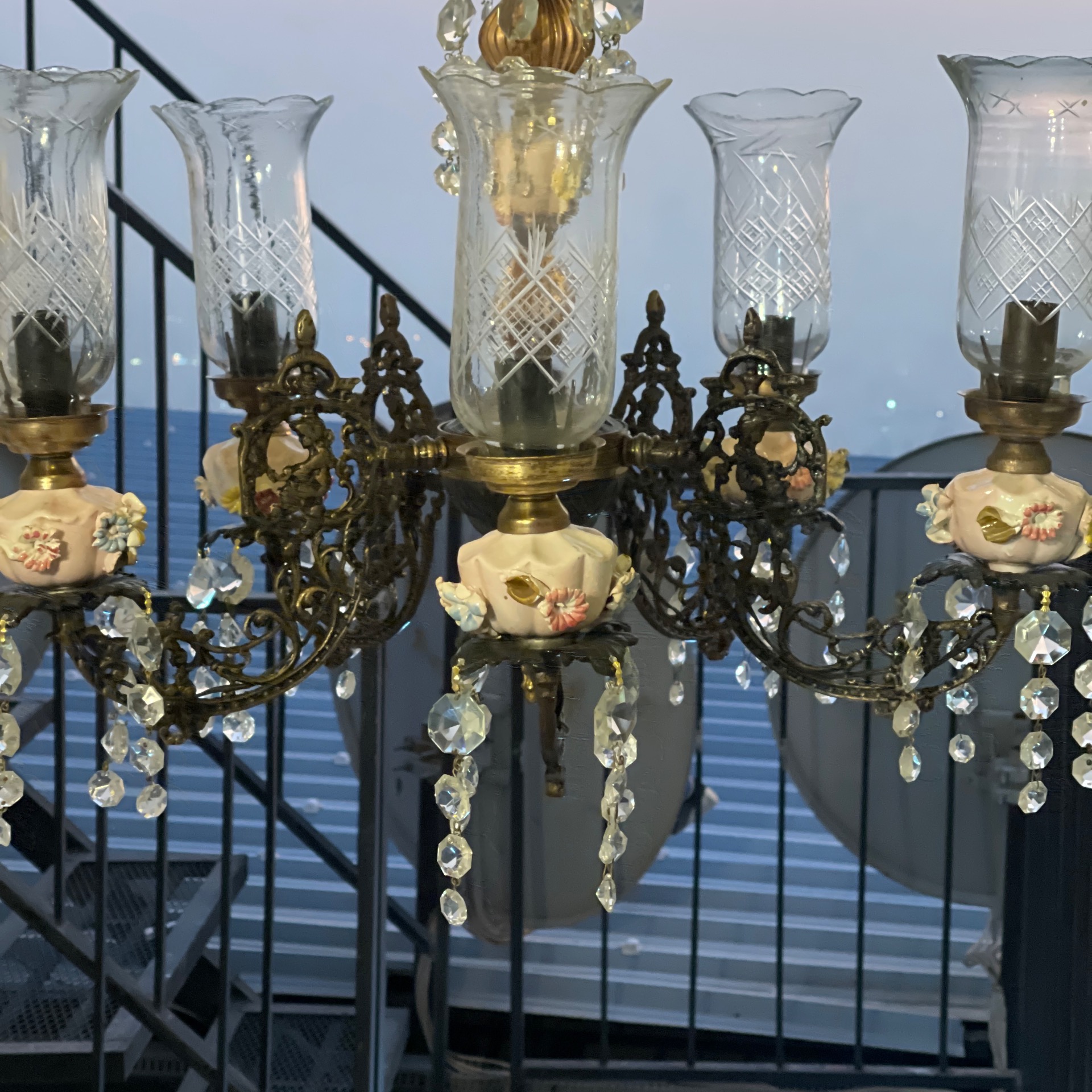 لوستر 5 شعله برنزی با حباب کریستال تراش خورده