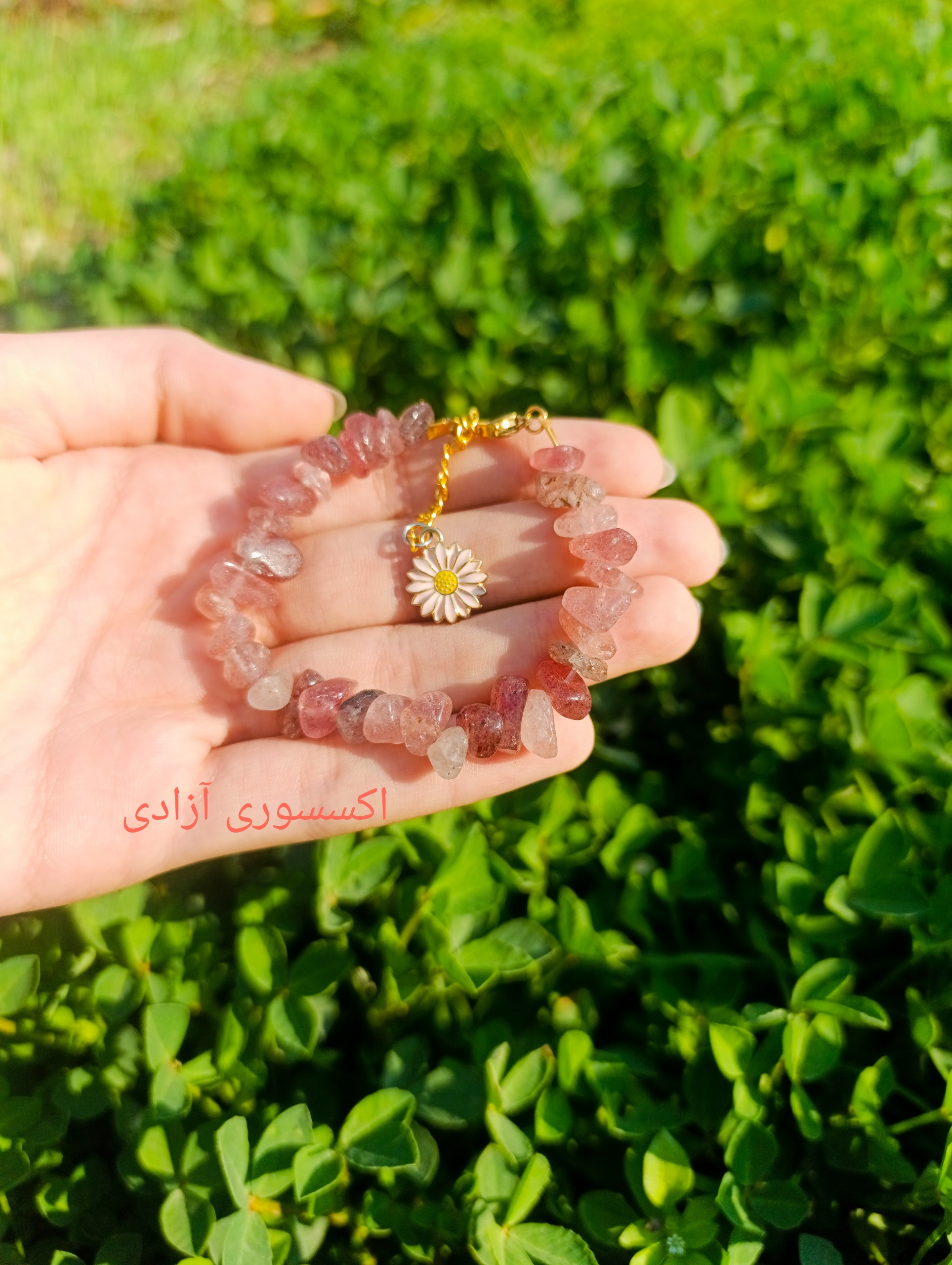 دستبند سنگی زنانه کوارتز توت فرنگی درجه یک