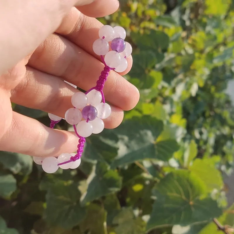 دستبند سنگی آمیتیست و رز کوارتز اصل طرح شکوفه