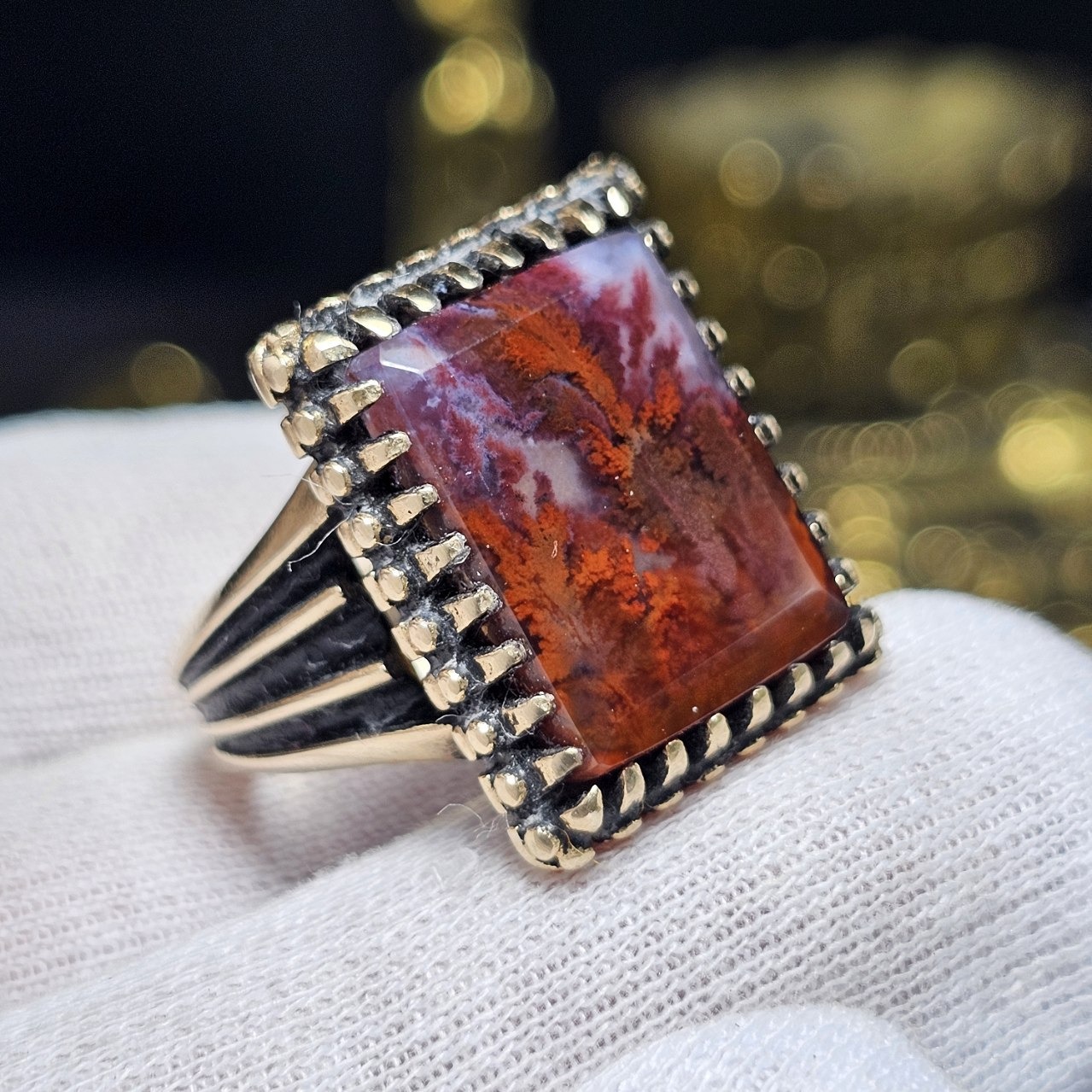 انگشتر طلا روس سنگ طبیعی عقیق شجر خراسانی کد 36713