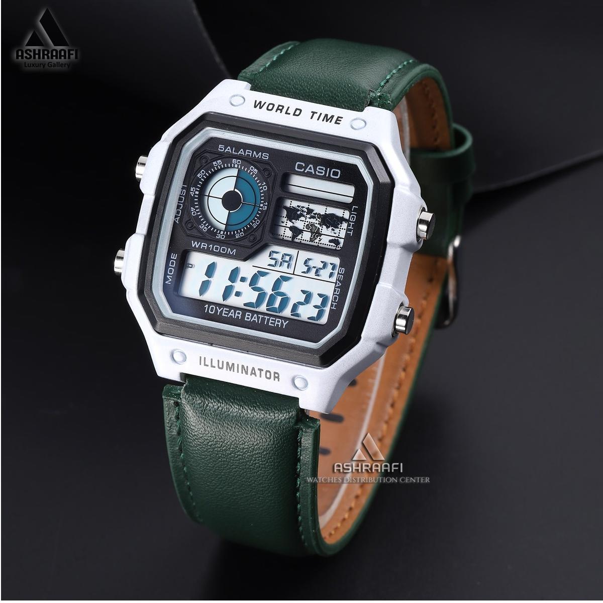 ساعت کاسیو بند چرمی سفید سبز Casio AE-1200WH-1832