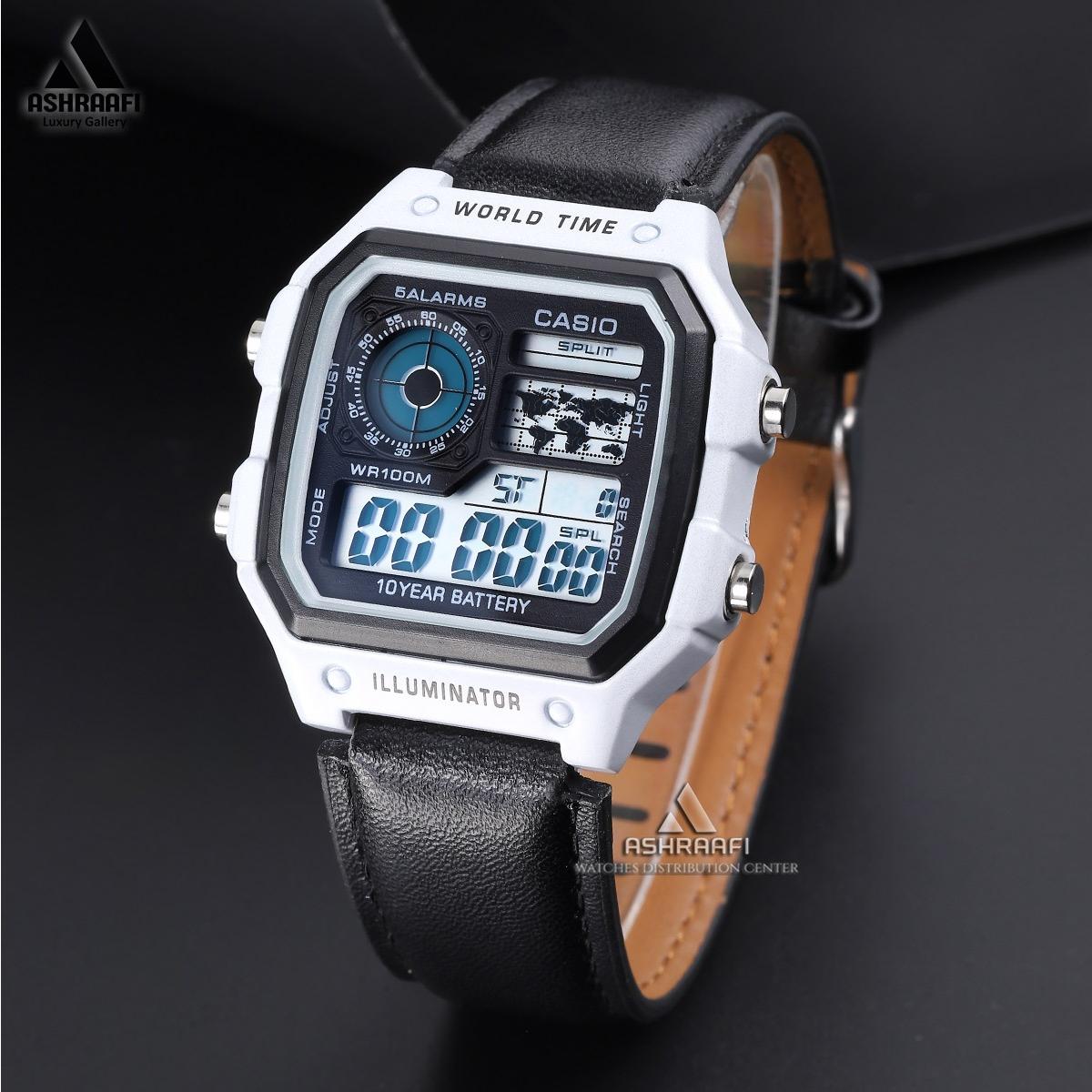 ساعت کاسیو بند چرمی سفید مشکی Casio AE-1200WH-1832