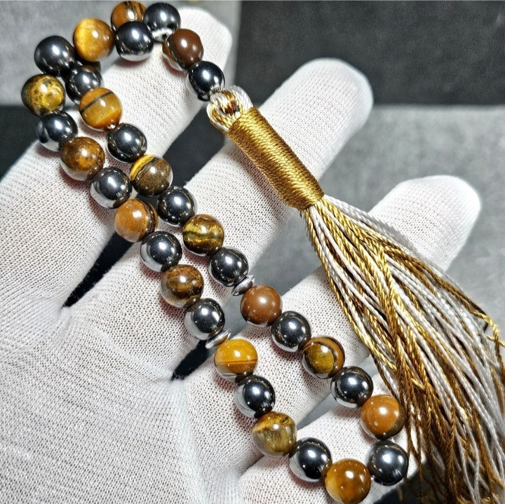 تسبیح 33 دانه ترکیبی تسبیح چشم ببر و حدید سایز 8