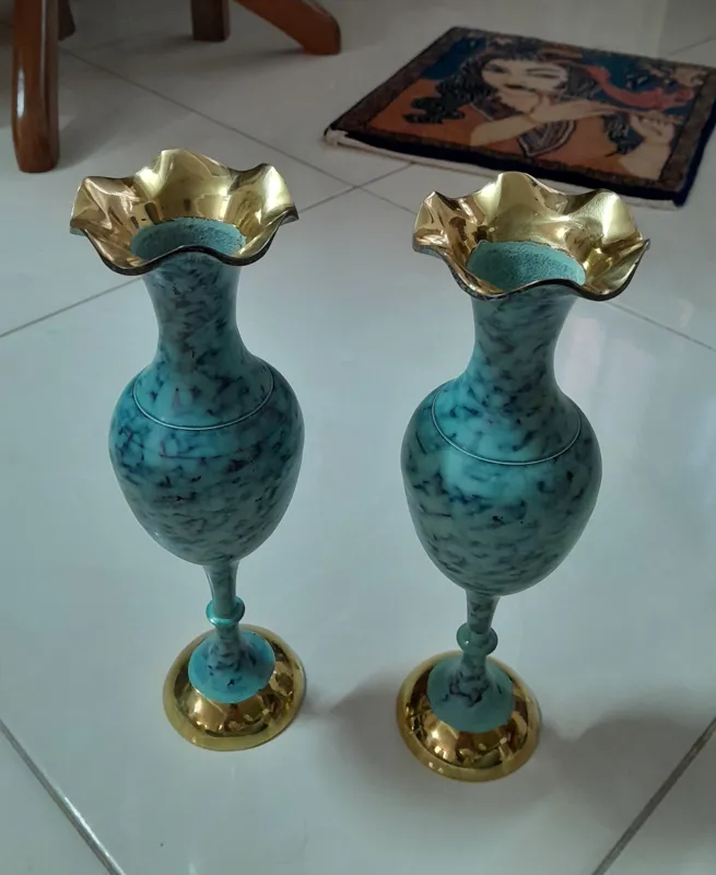 جفت گلدان برنجی آنتیک فیروزه نفیس