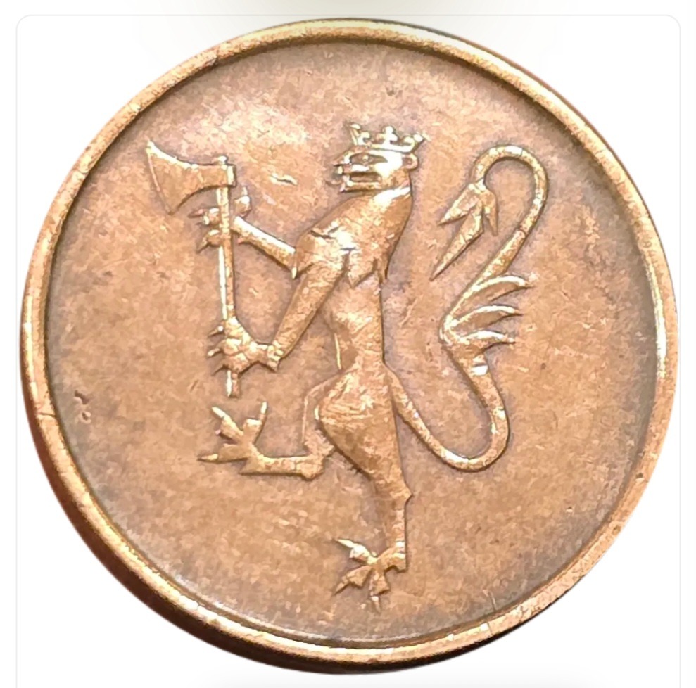 سکه نروژ 5 اوره نروژ تبر و شیر 1977