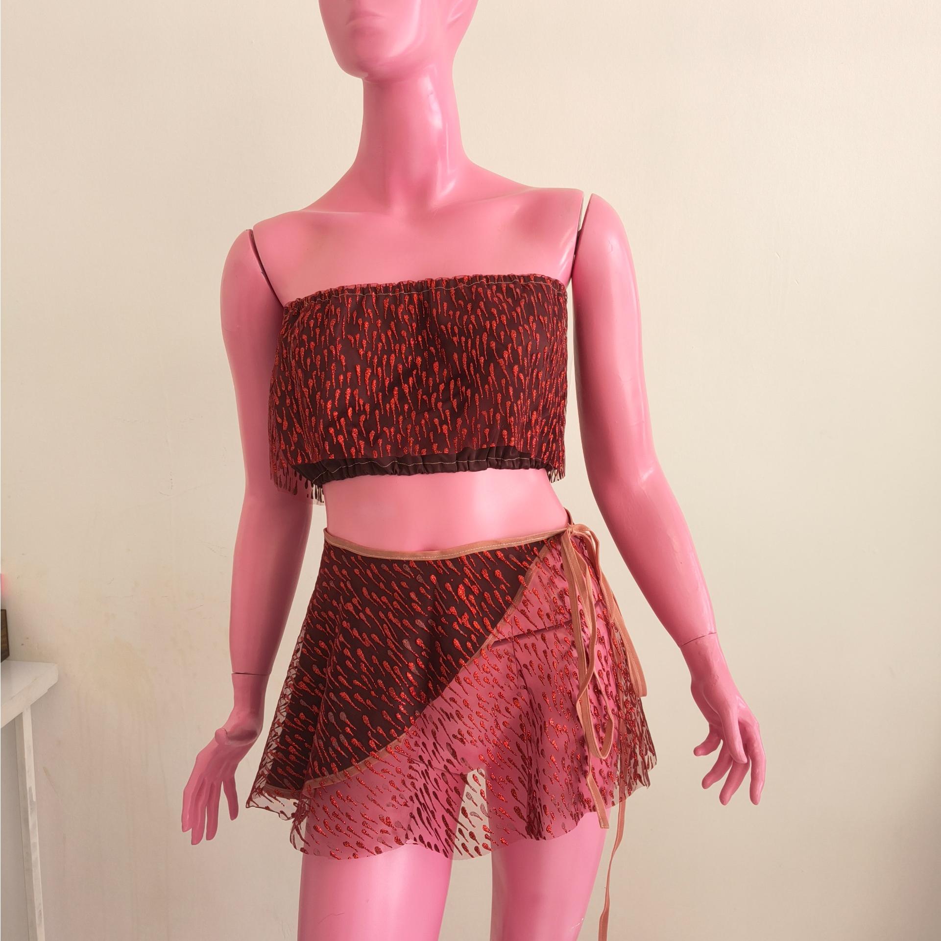 ست دو تکه بالاتنه و دامن حریر تور زرشکی