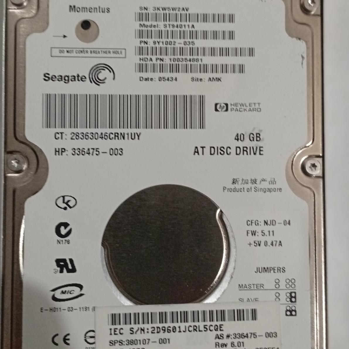 هارد لپ تاپی Seagate مدل IDE ظرفیت 40GB