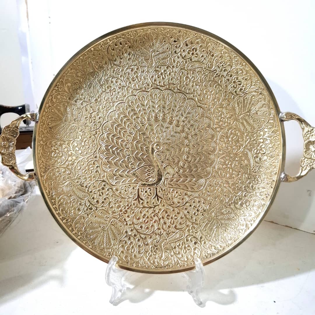 سینی برنجی طرح طاووس هندی ریخته ای سنگین