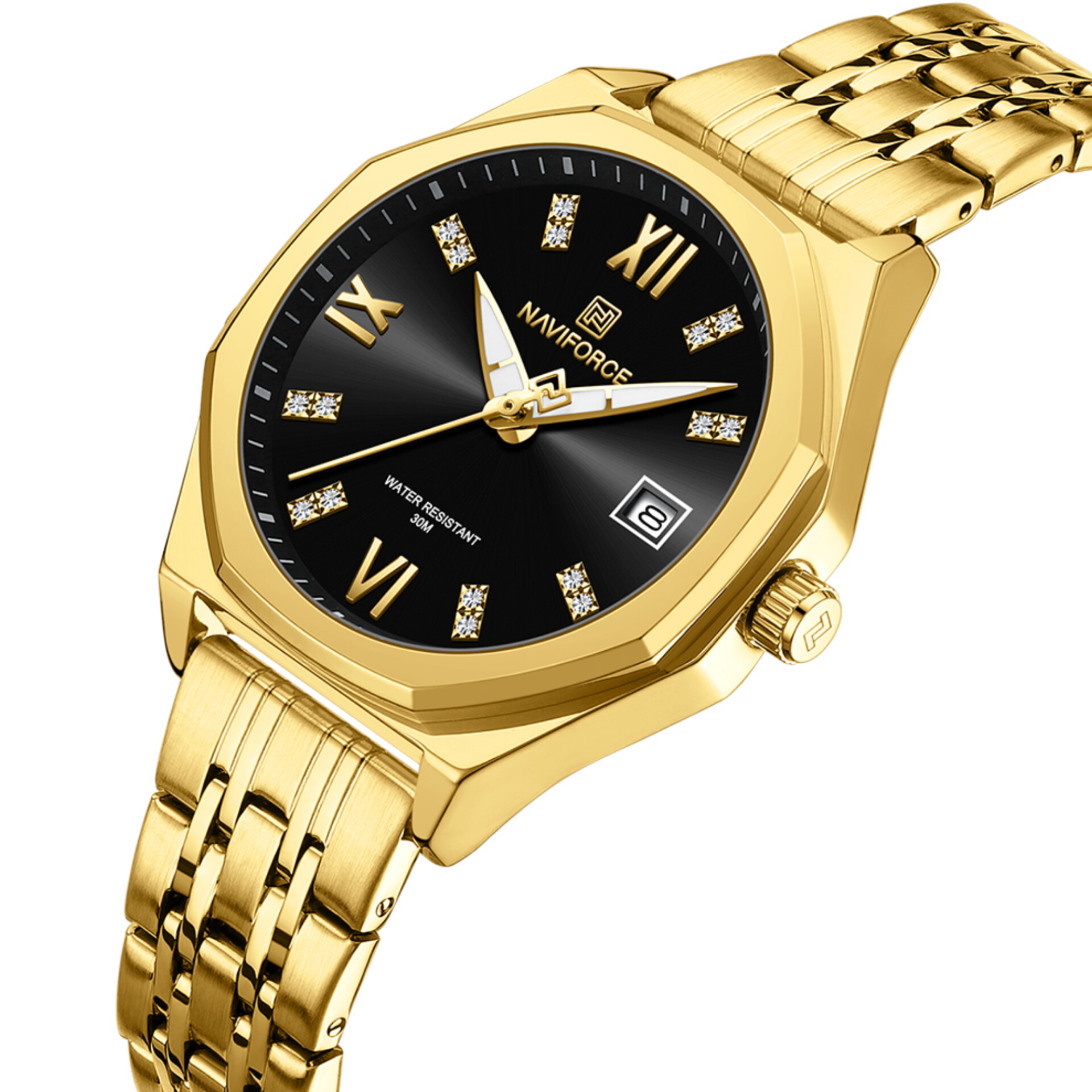 ساعت زنانه NAVIFORCE استیل طلایی تقویمدار ضدآب