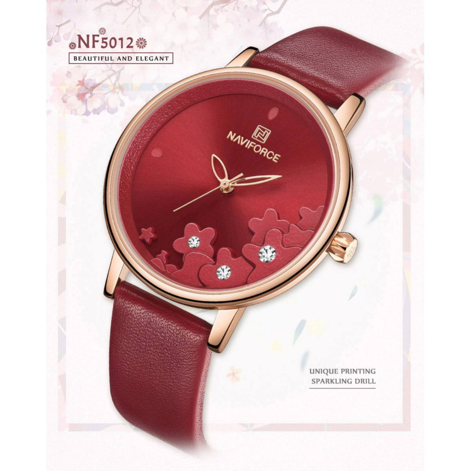 ساعت زنانه NAVIFORCE موتور ژاپن بند چرمی سرخ