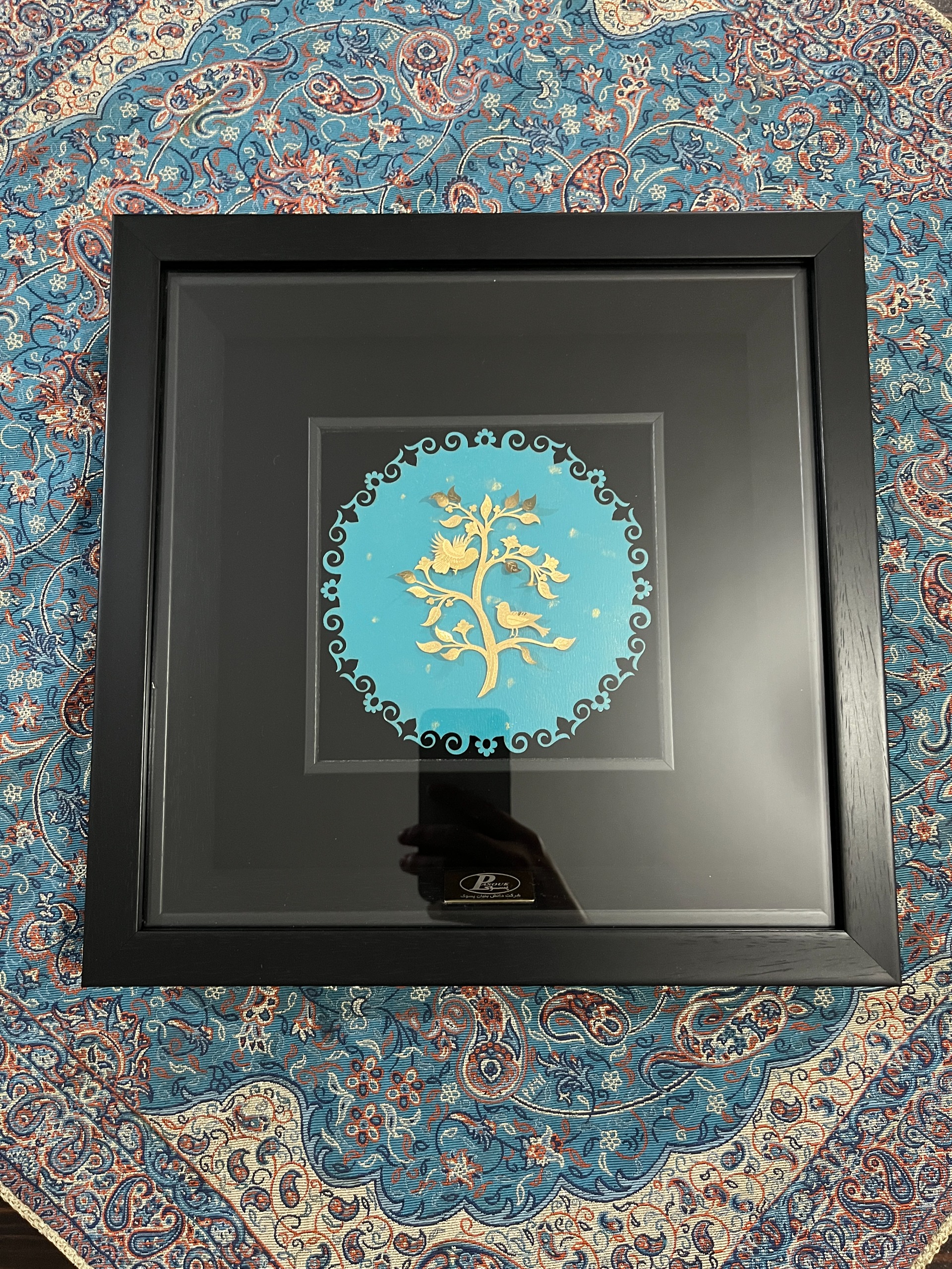 تابلو دیوار کوب طلایی نقش دو بلبل فیروزه (نو)