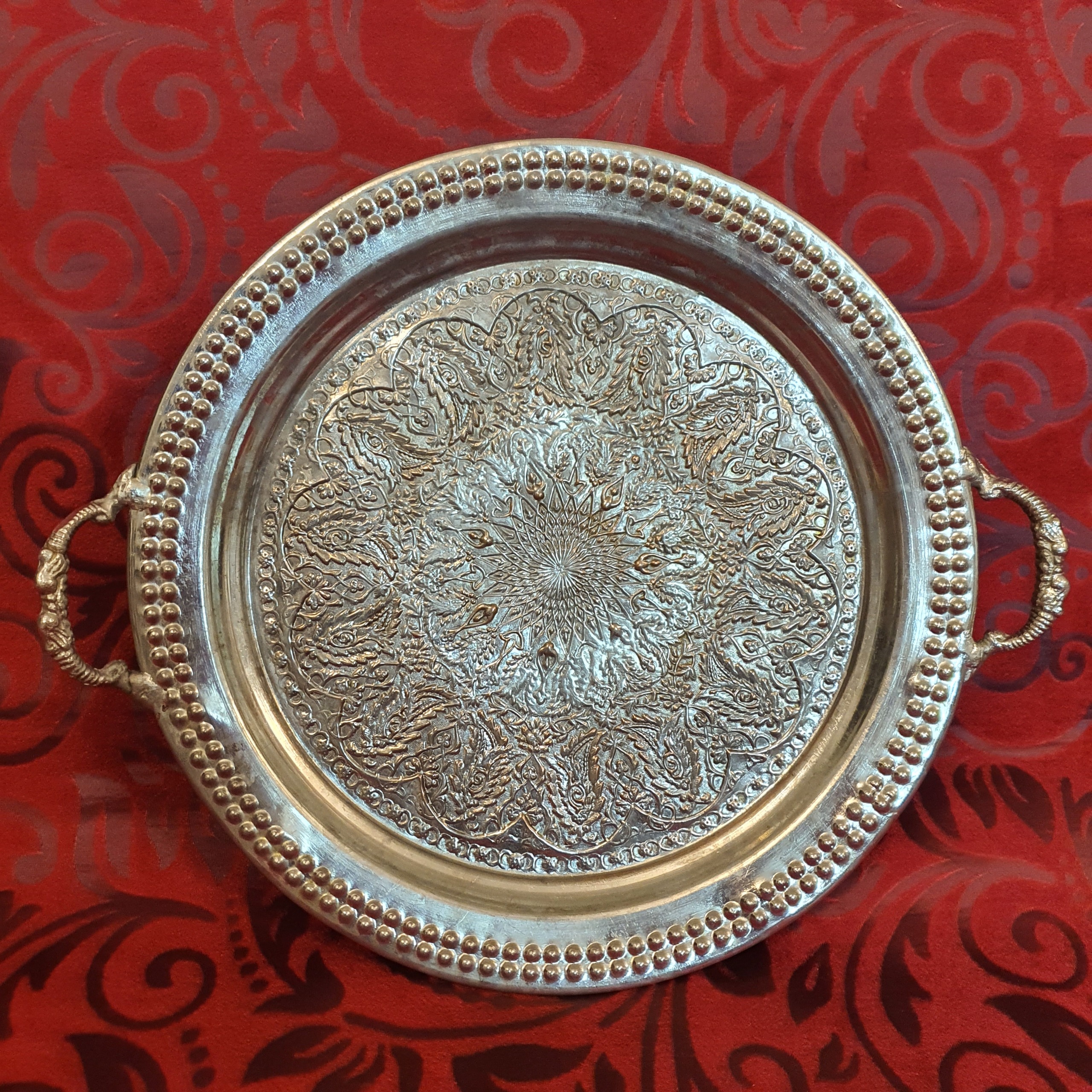 سینی مسی پایه دار قلم زنی دستی پهلوی
