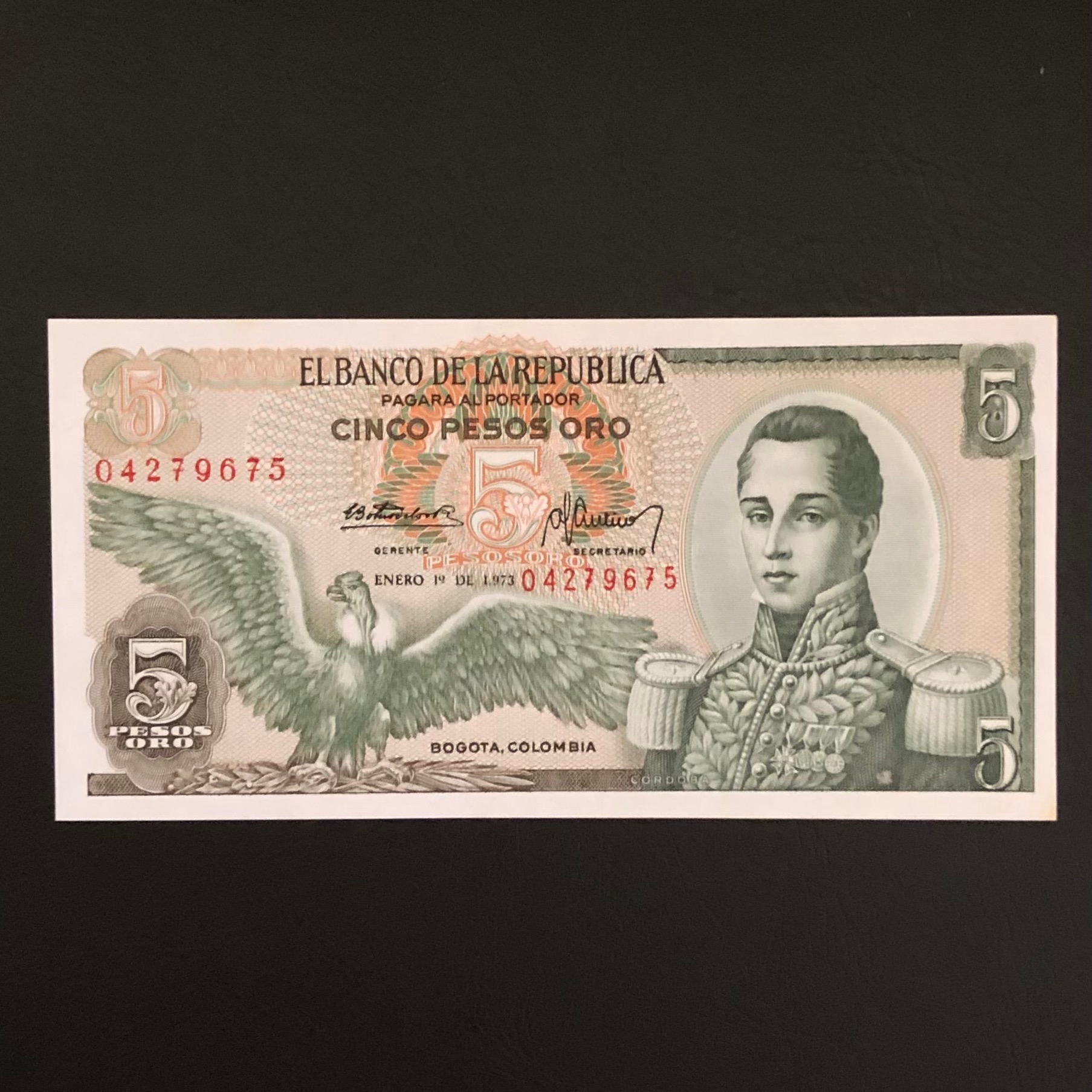 اسکناس تک بانکی 5 پزو کلمبیا 1973 شماره متفاوت