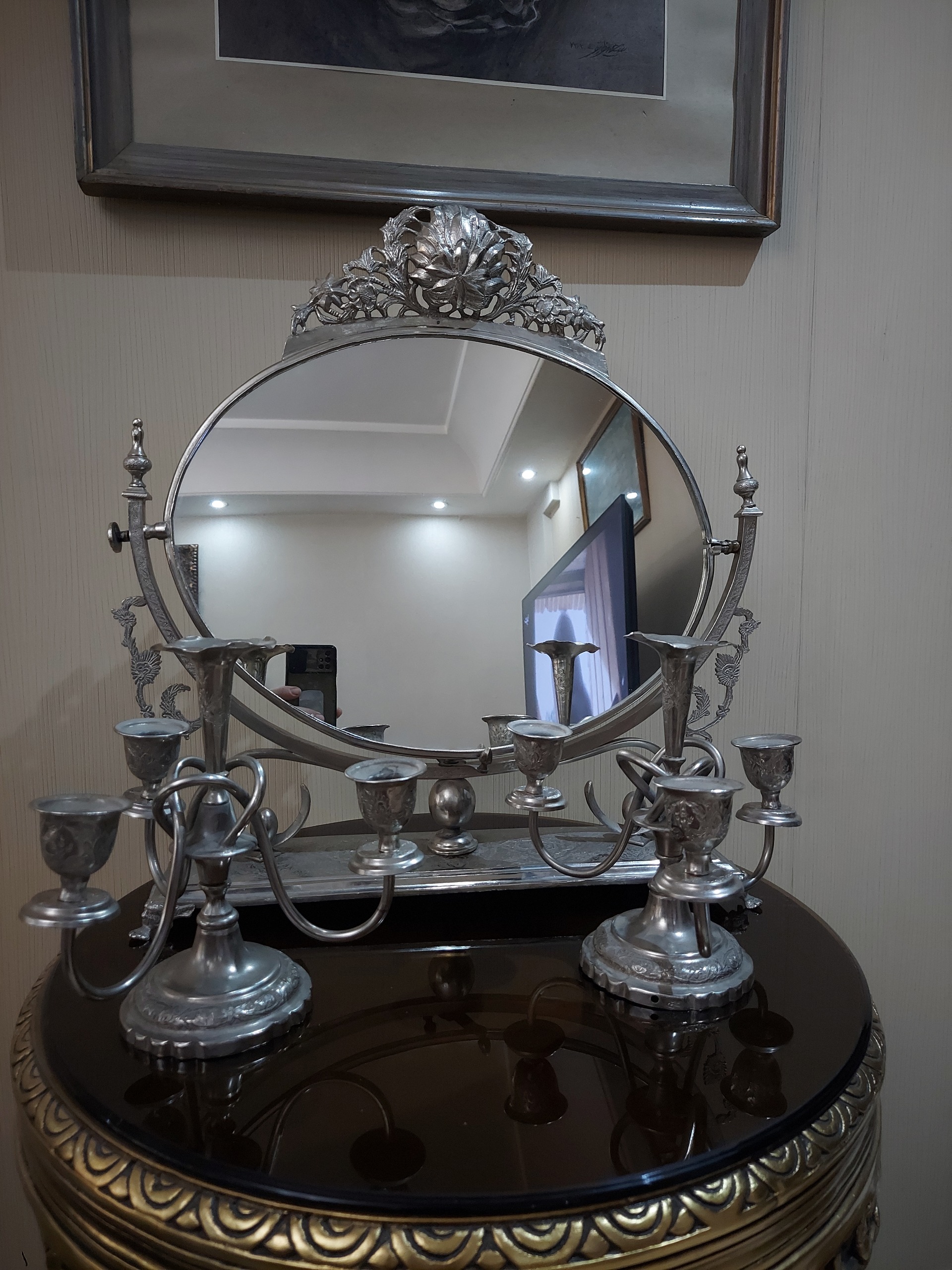 آینه شمعدان نقره تمام قلمزنی کهنه عیار 84 انگ شده