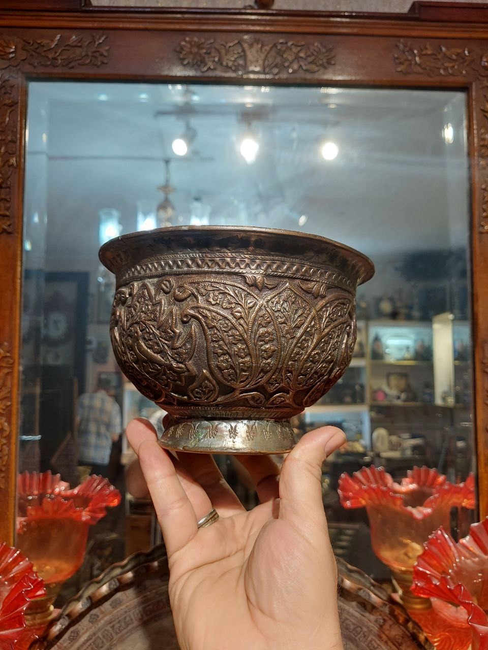 کاسه لاله مسی بینظیر قلم برجسته کهنه سنگین