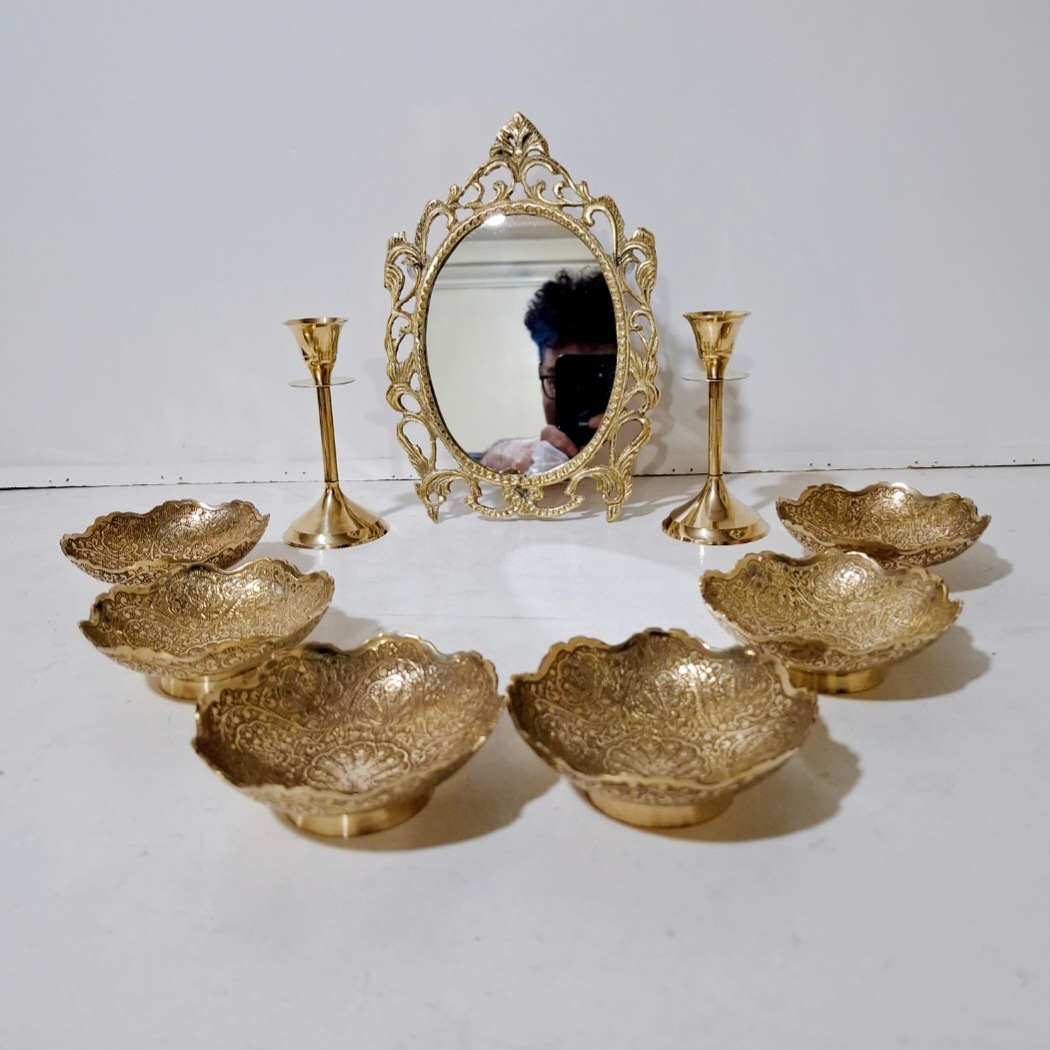 هفت سین برنجی هندی مدل دو رو قلم دست نیم پایه