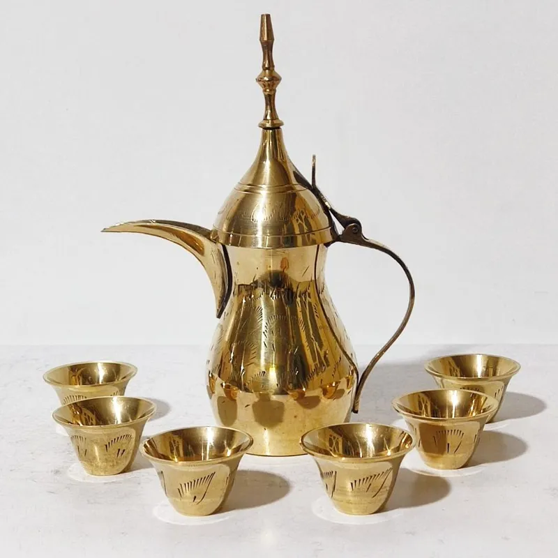 ست دله برنجی هندی با 6 عدد شات قهوه خوری