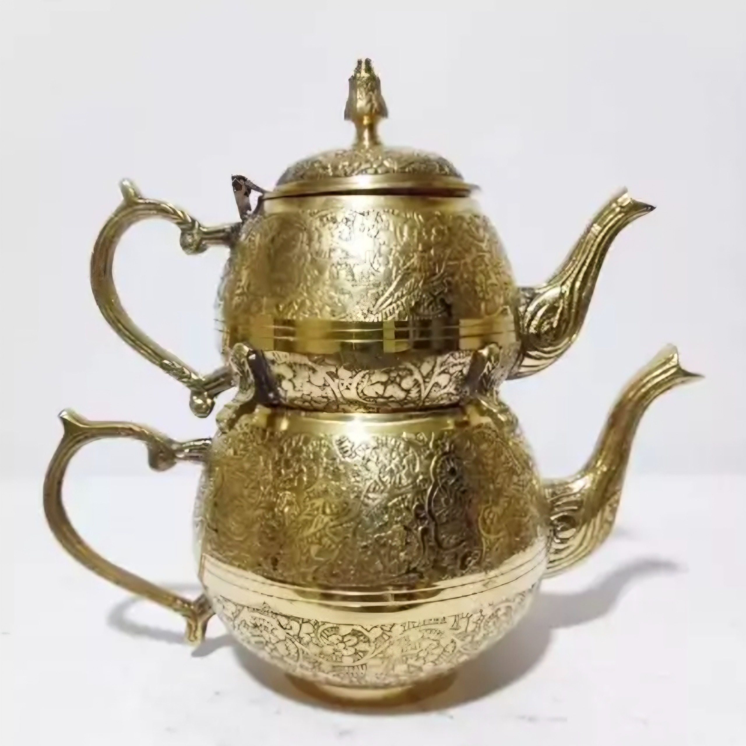 کتری قوری برنجی هندی برنزی قلم دست با طرح طاووس
