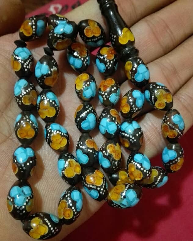 تسبیح بیهمتای یسر نقره و کهربا و فیروزه کوب
