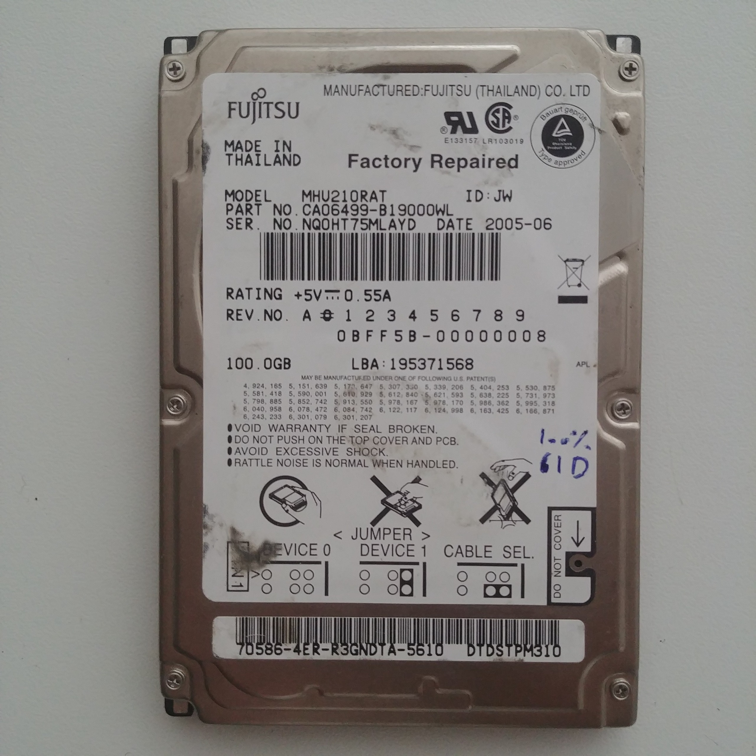 هارد لپ تاپی IDE فوق تمیز 100gb سلامت 100 و 61 روز