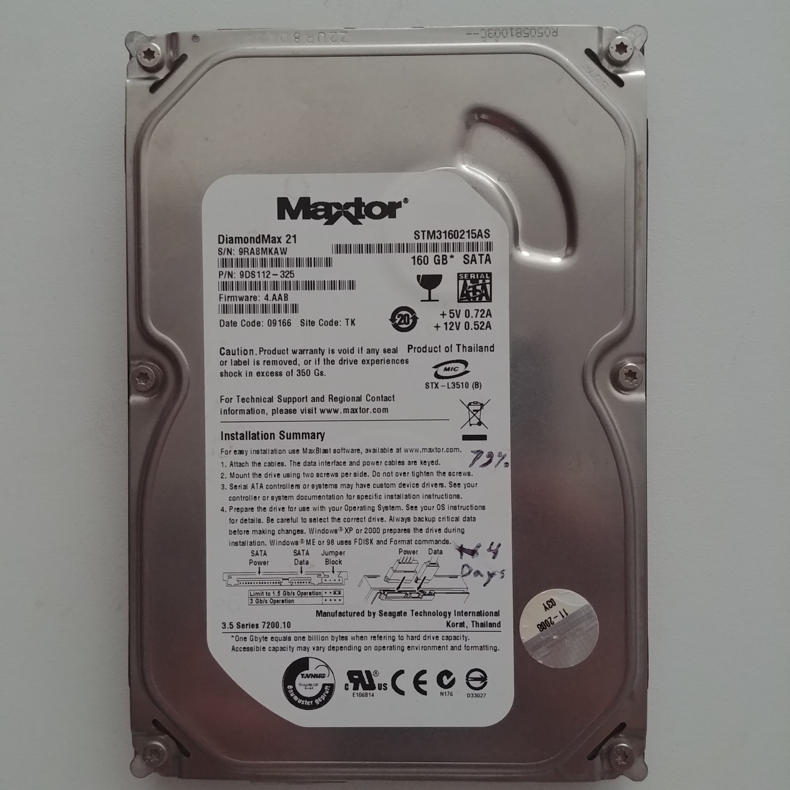 هارد 160gb هلث 72 در 100