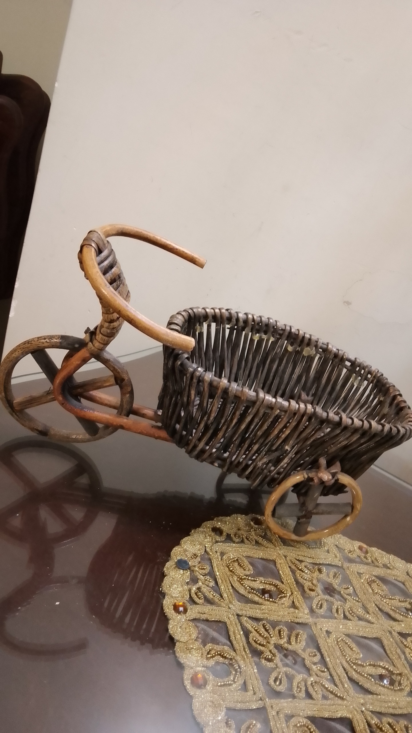 سه چرخه سبد حصیری ژاپنی قدیمی جای لوازم مختلف