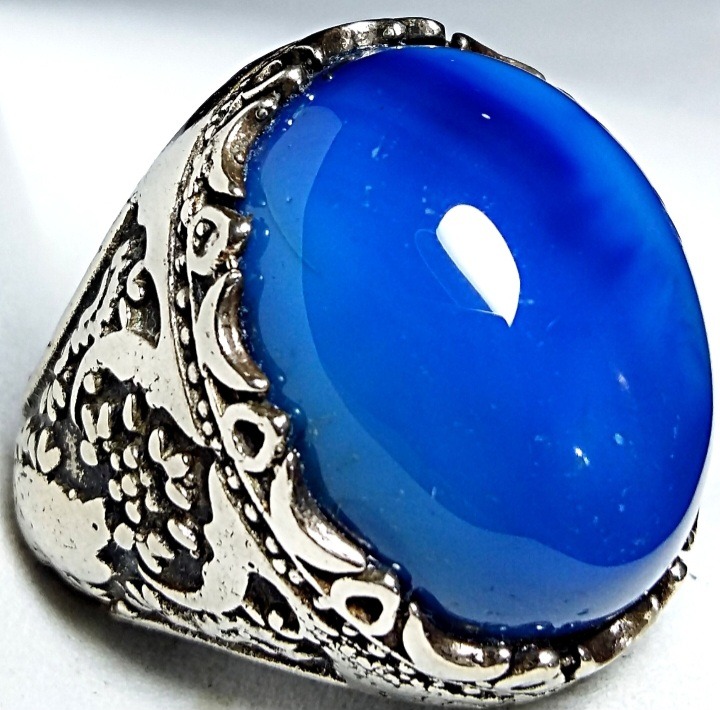 انگشترطرح قلمزنی فاخر عقیق آبی کلوخه برزیلی معدنی