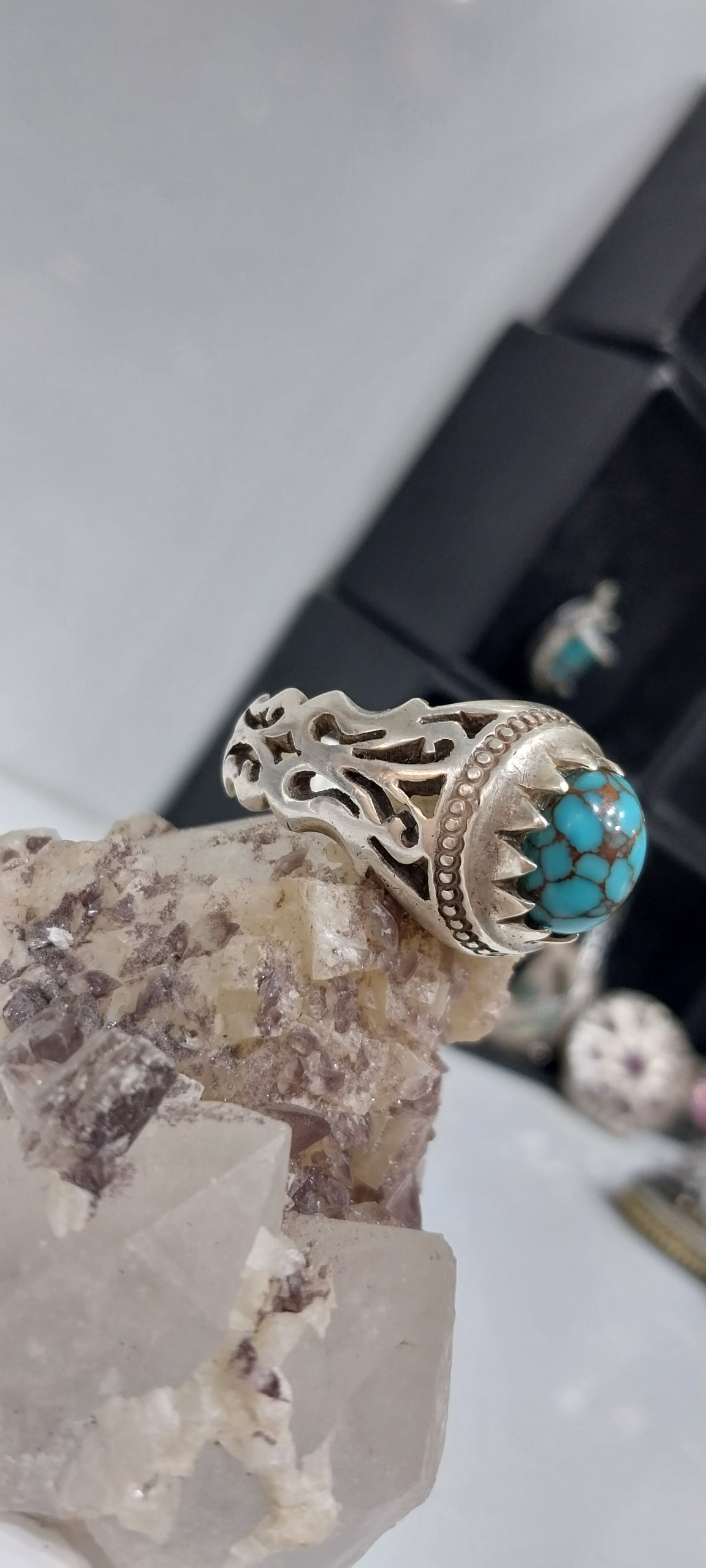 انگشتر نقره نگین فیروزه طبیعی بلدرچینی