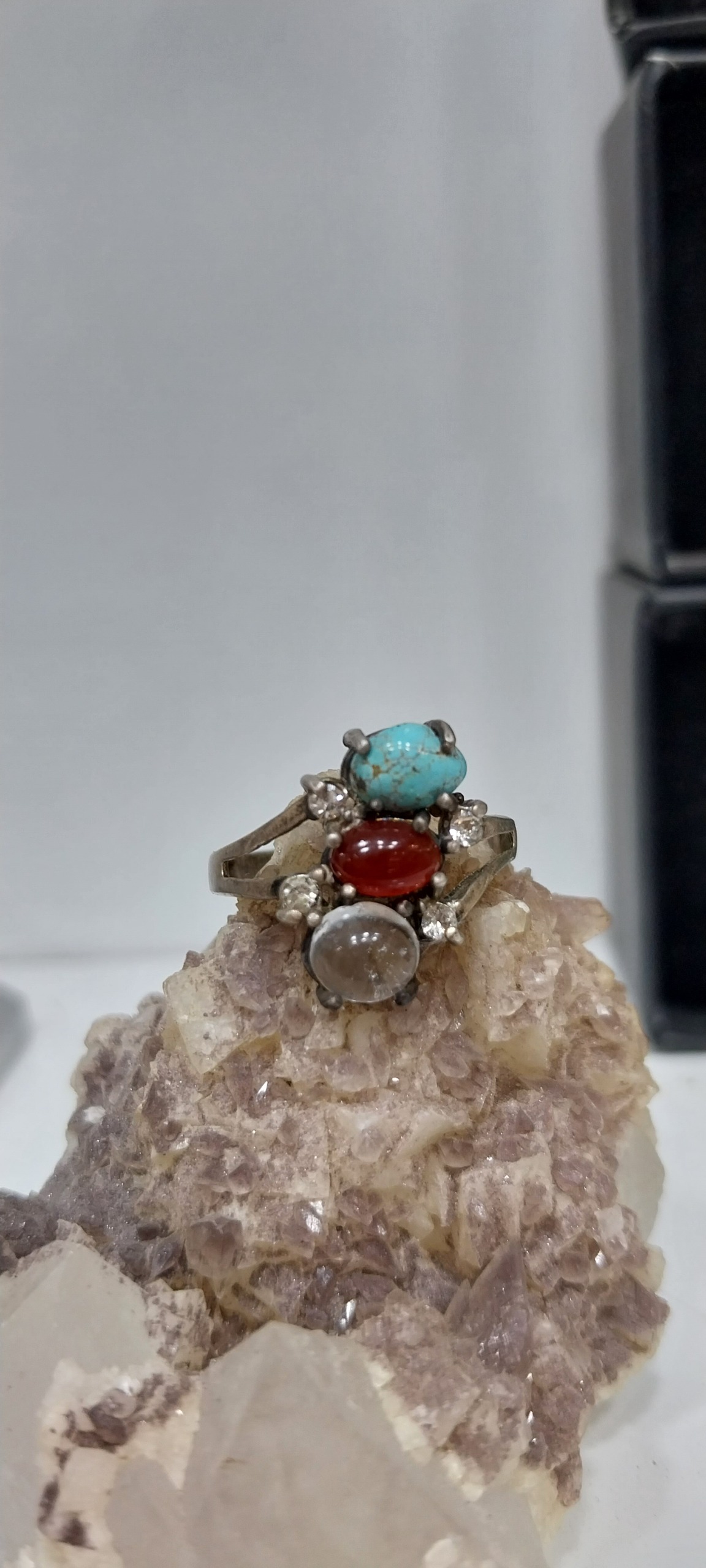 انگشتر نقره 3 نگین طبیعی عقیق فیروزه در