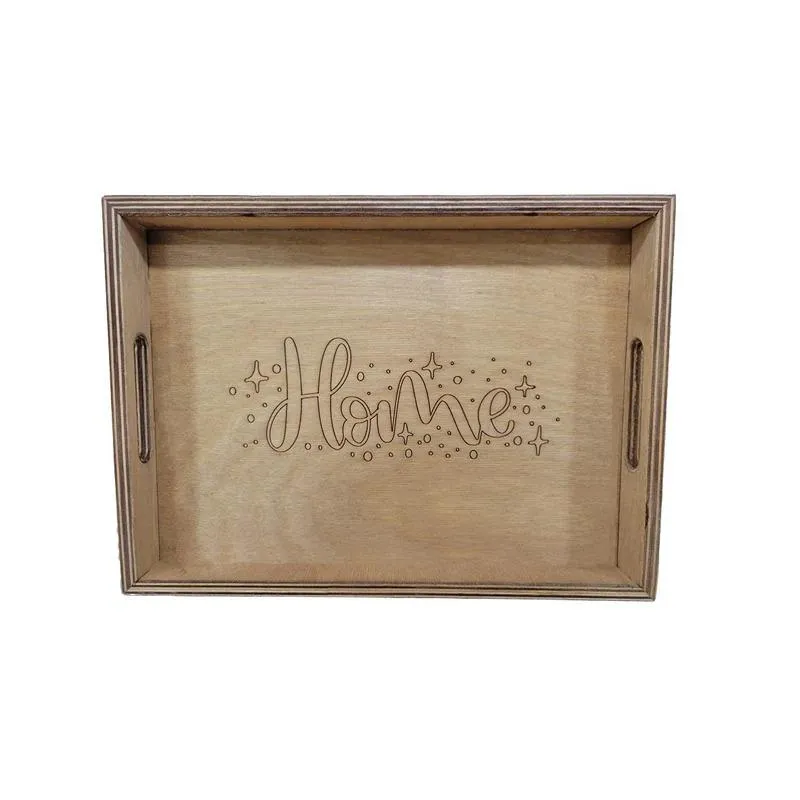 سینی چوبی دسته دار رنگ چوب طرح Home