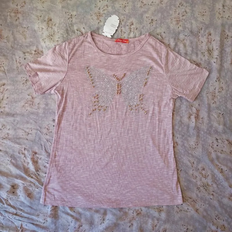 تیشرت زنانه صورتی نگین دار طرح پروانه