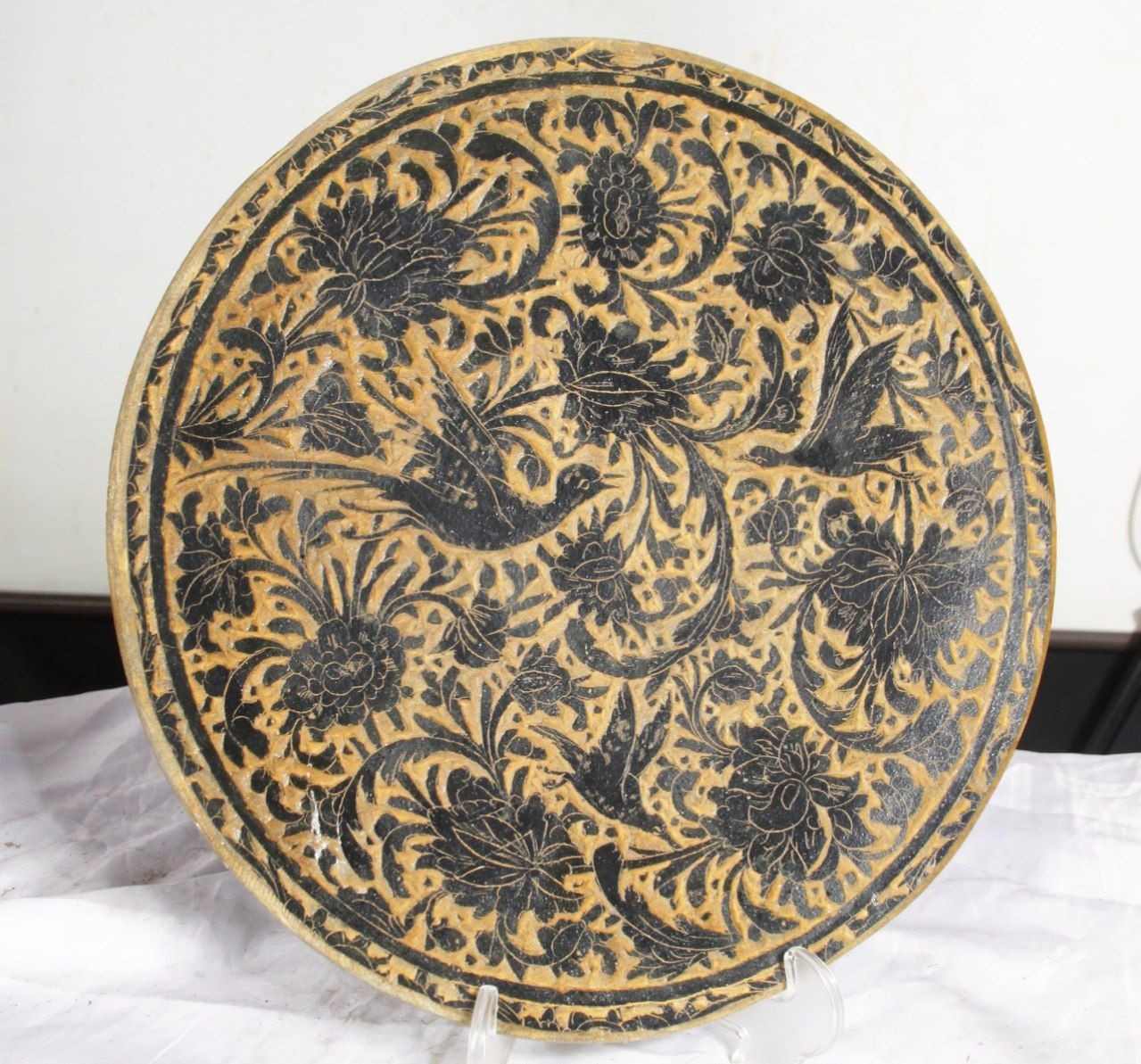 بشقاب بزرگ سنگی حجاری گل و مرغ