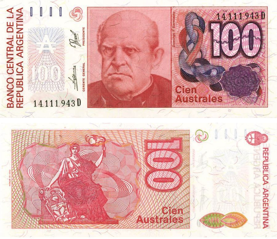 یک برگ اسکناس 100 آسترال آرژانتین