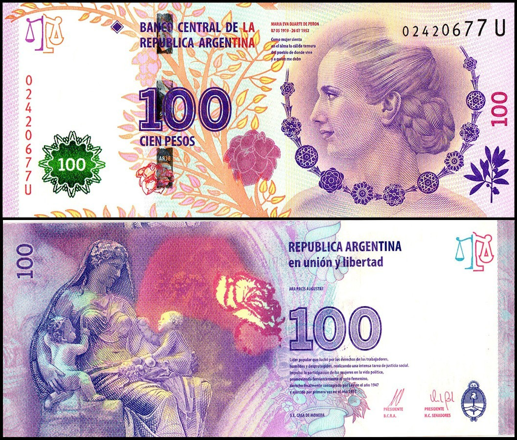 یک برگ اسکناس زیبای 100 پزو آرژانتین (مهر مادری)