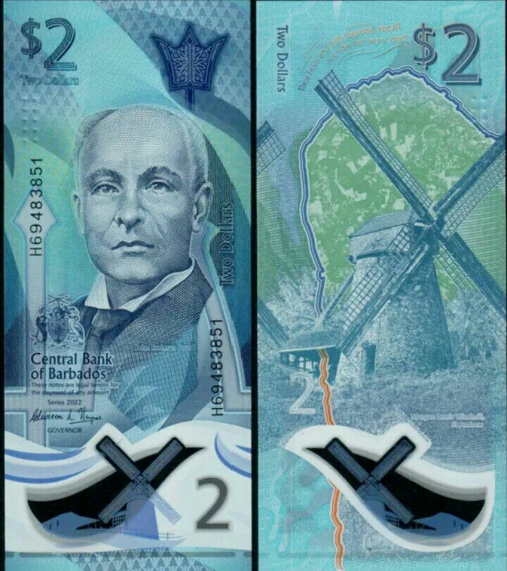 یک برگ اسکناس 2 دلار باربادوس _ پلیمری