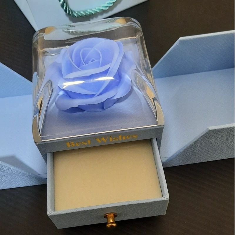 جعبه نیم ستی کشویی آبی رز جاودان همراه بگ دستی