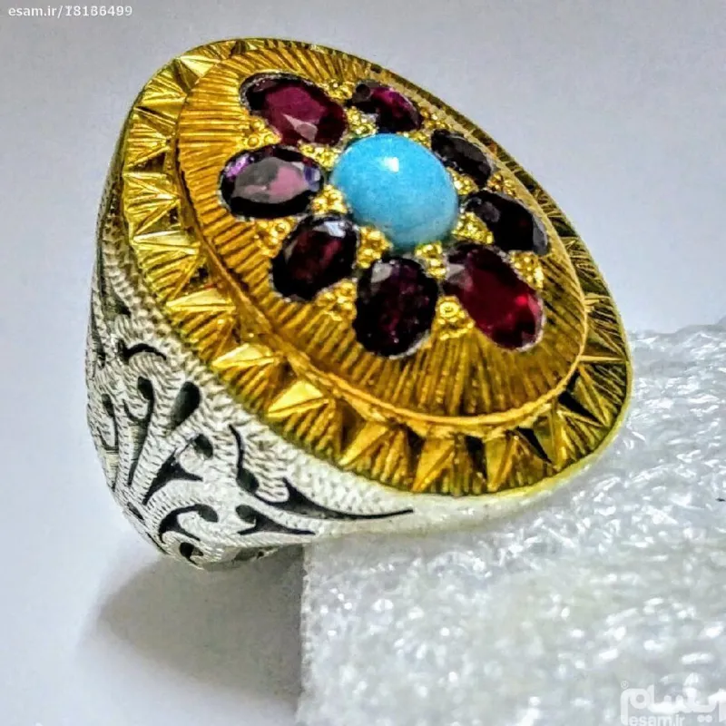 انگشترقلمزنی غولپیکر فیروزه محک نیشابورویاقوتکبود