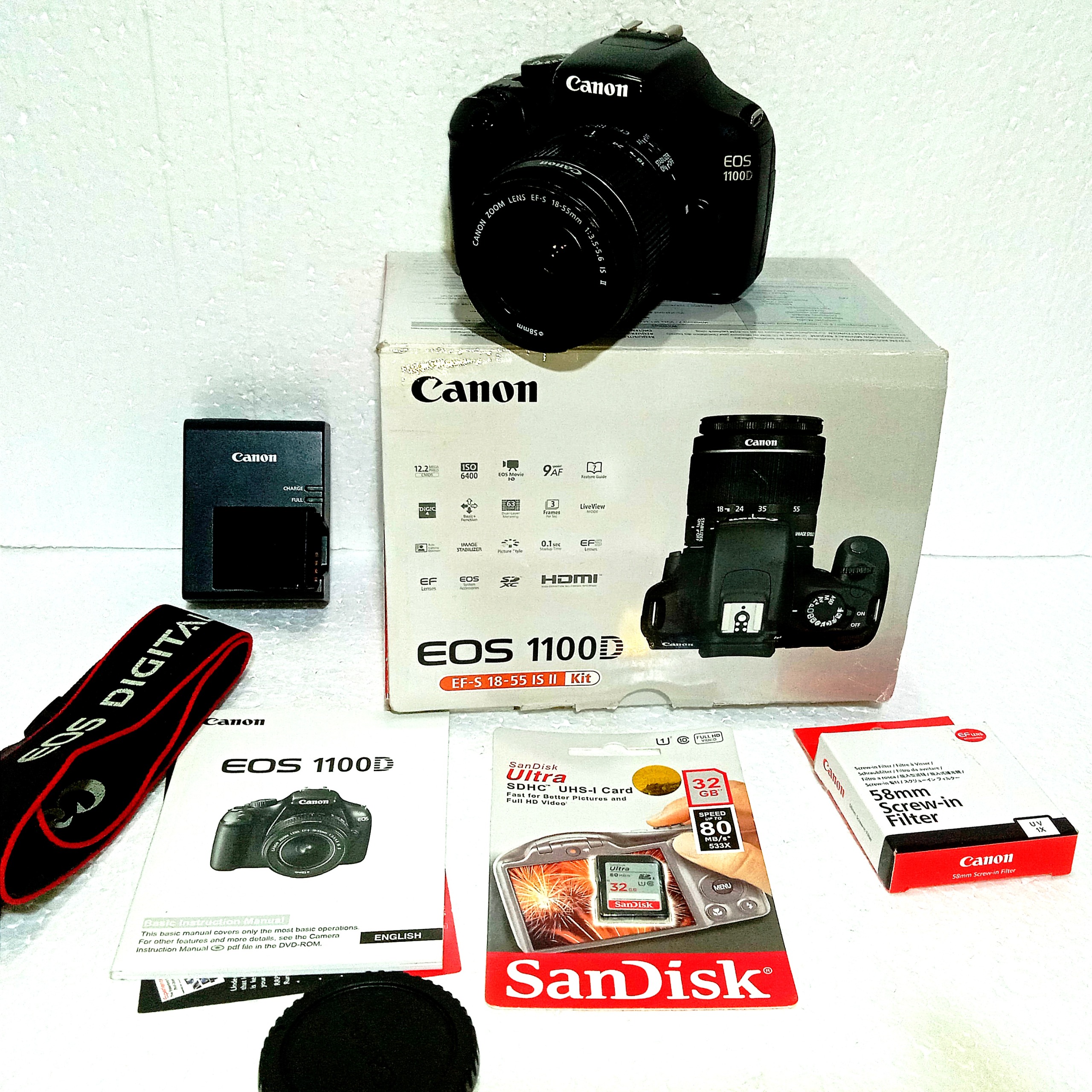 دوربین فیلم،عکسEOS 1100D لنز18-55 IS II رم32 وUV