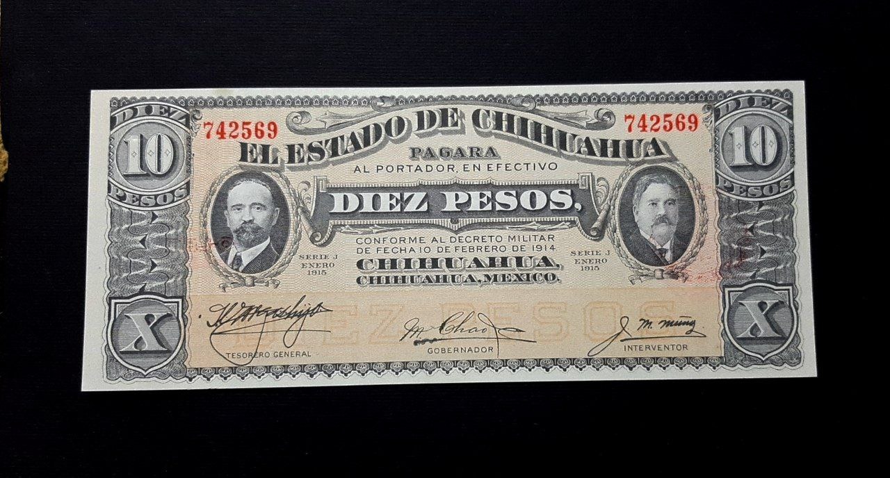 تک بانکی 10 پزو کمیاب ایالتی مکزیک 1914 توضیح دارد