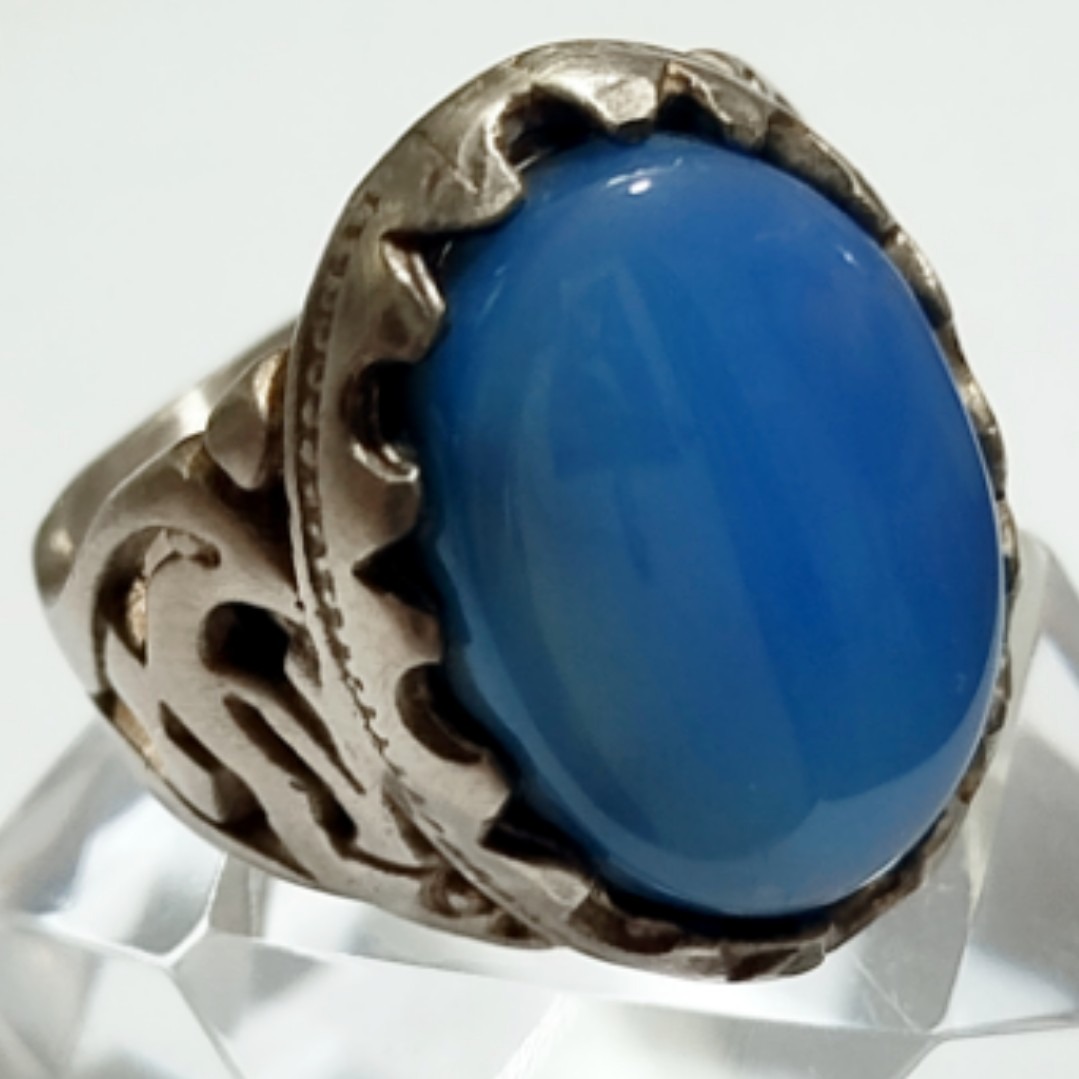 انگشتر اصیل عقیق آبی تراشدار رکاب شبکه