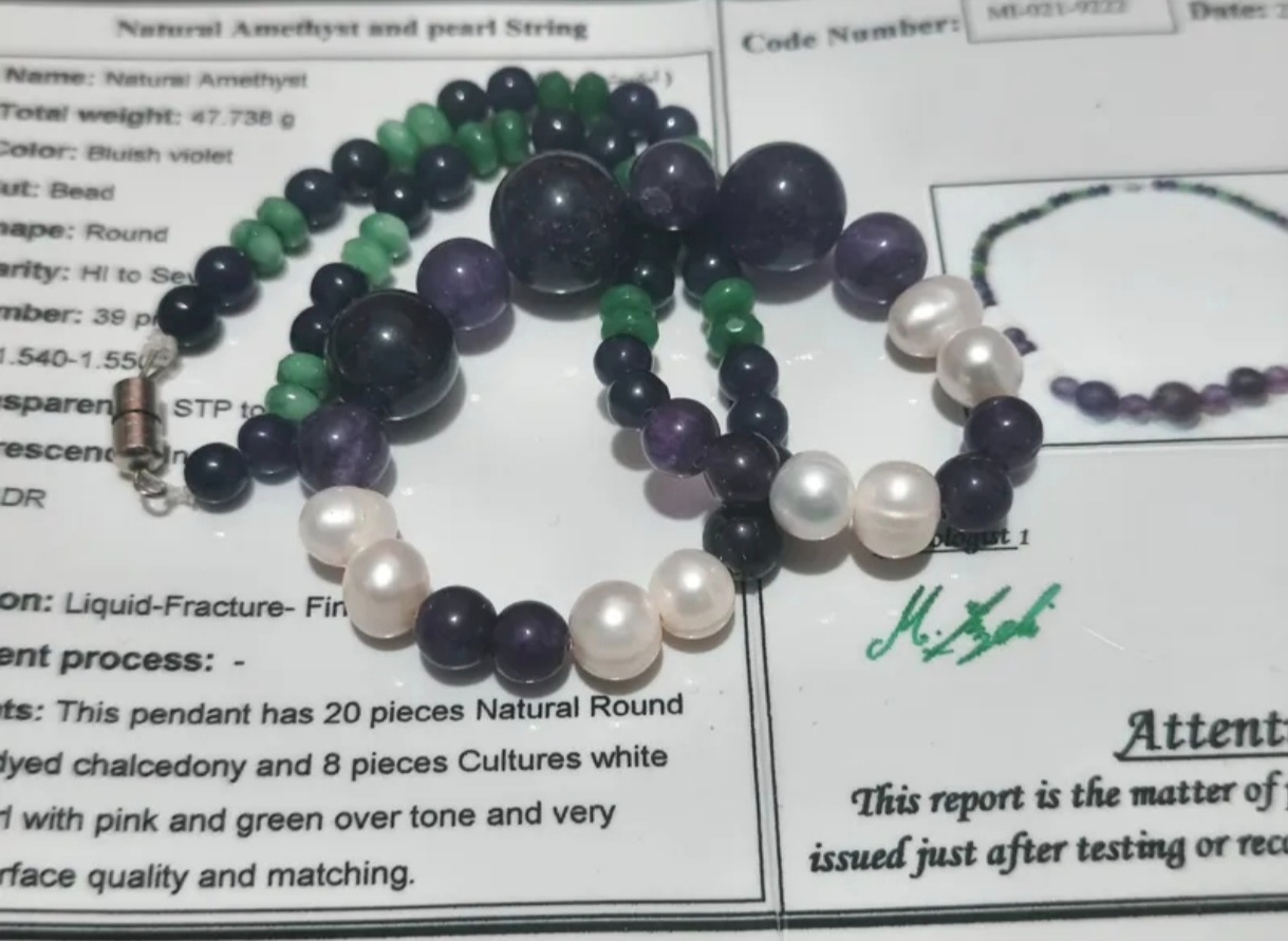 گردنبند زیبای آماتیس و مروارید پرورشی