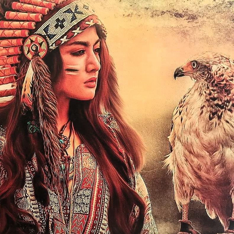 تابلو بوم زن سرخ پوست و عقاب 60 در 90 چاپ کنواس