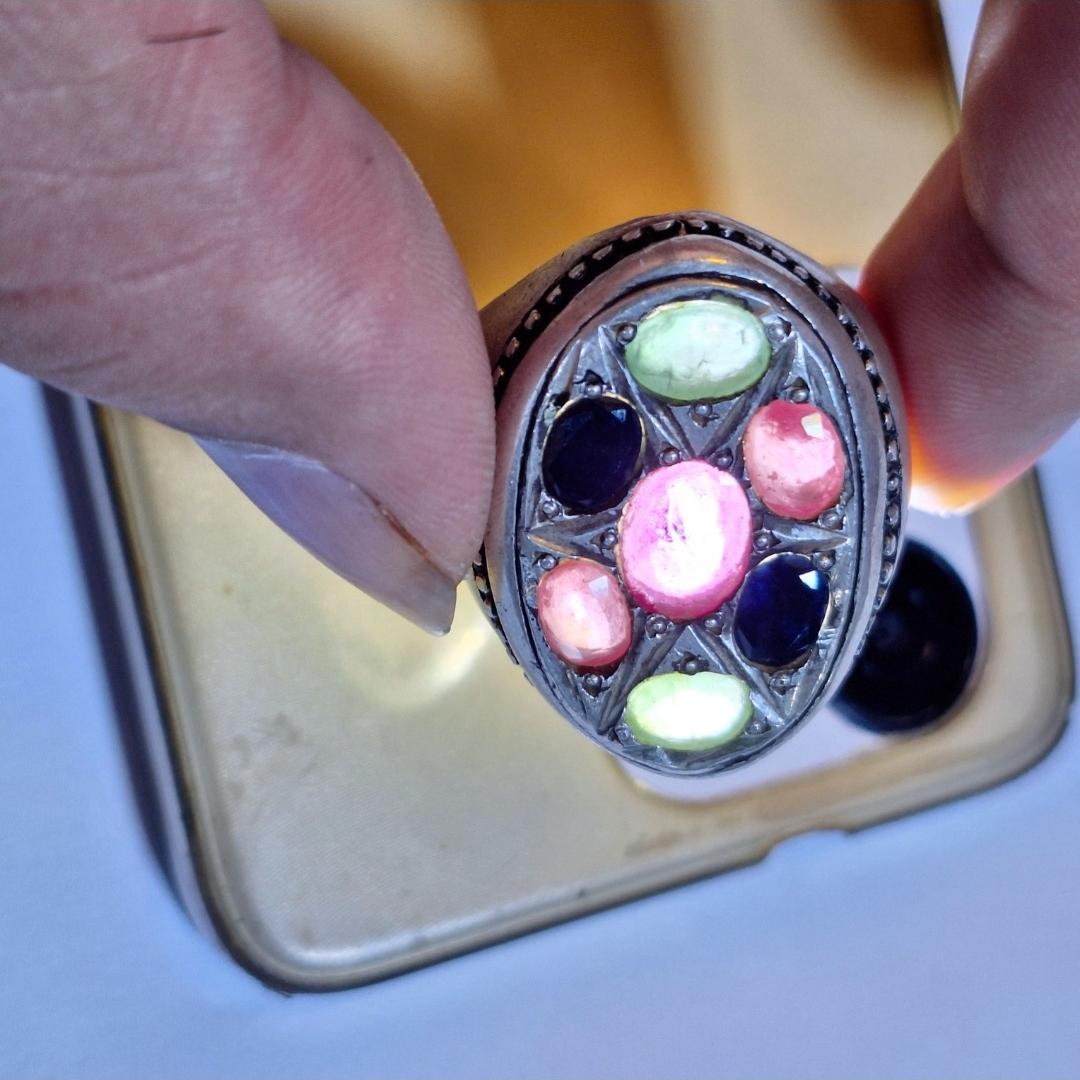 انگشتر نقره مولتی کالر زمرد و یاقوت و