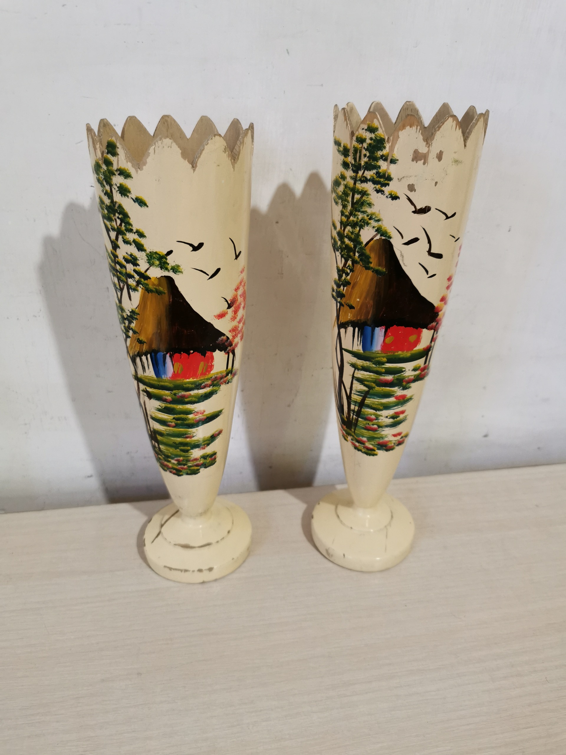 گلدان چوبی نقاشی نفیس قدیمی و دکوری