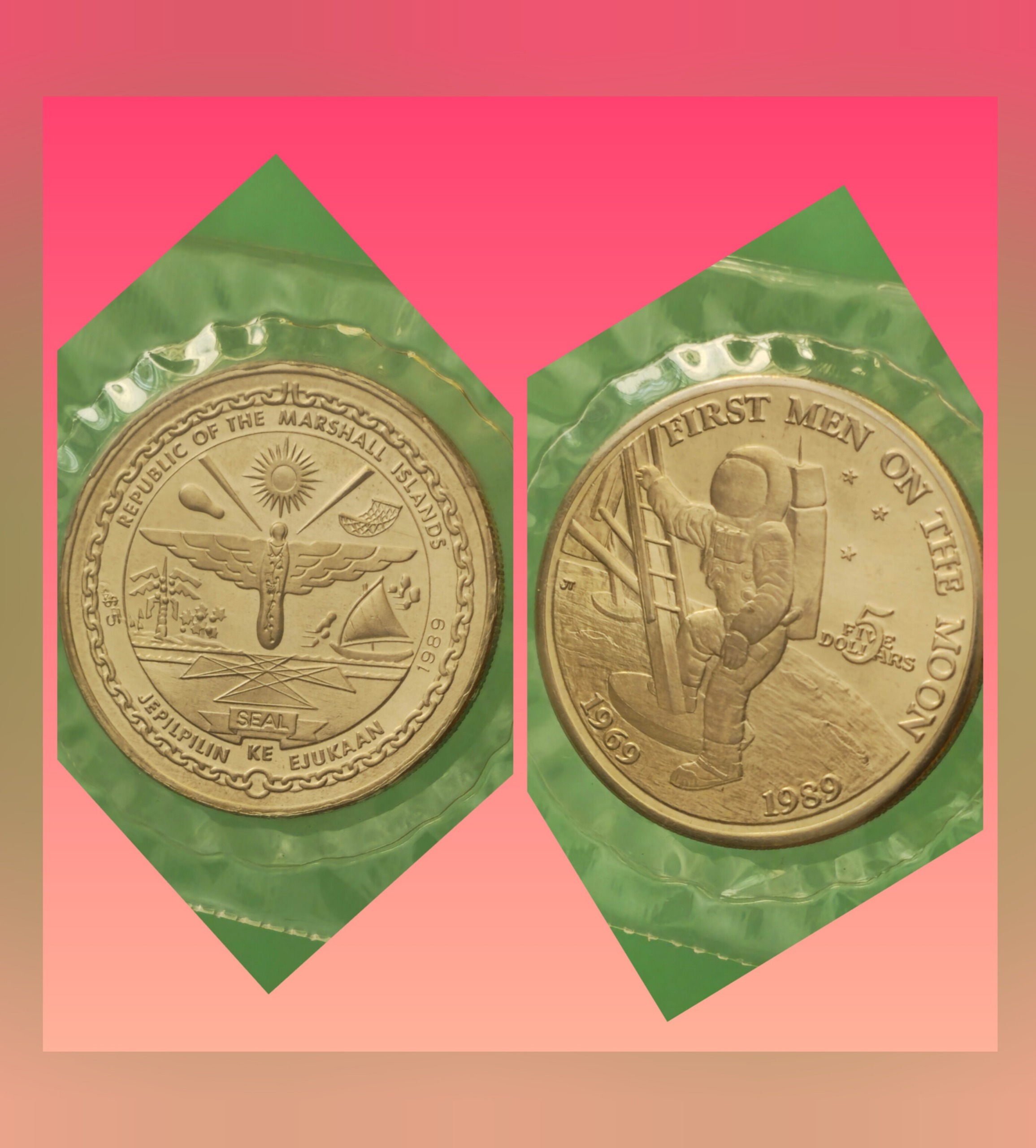 سکه 5 دلار یادبودی جزایر مارشال 1989 سفر به ماه