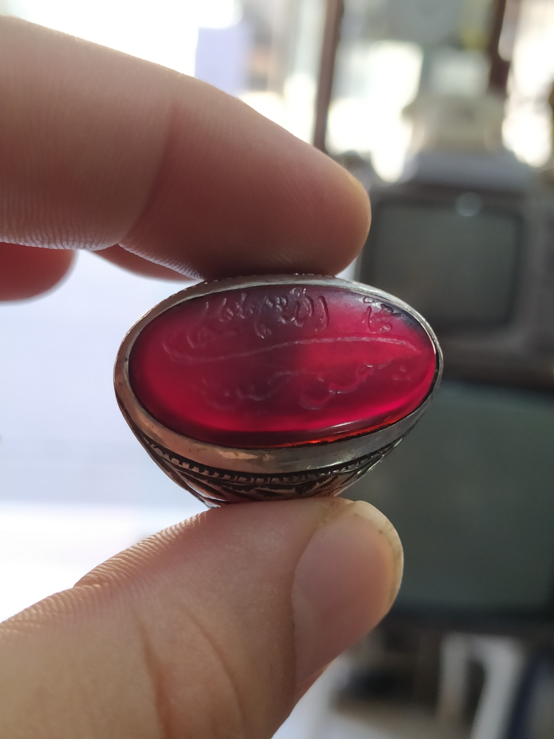 انگشتر نقره کهنه عقیق سرخ یمنی بزرگ خط پنج تن