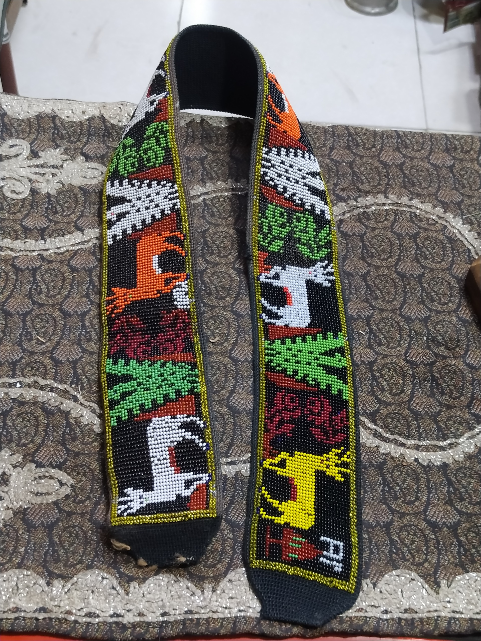 کمربند قدیمی منجوق بافی هنر دست ضخیم بزرگ